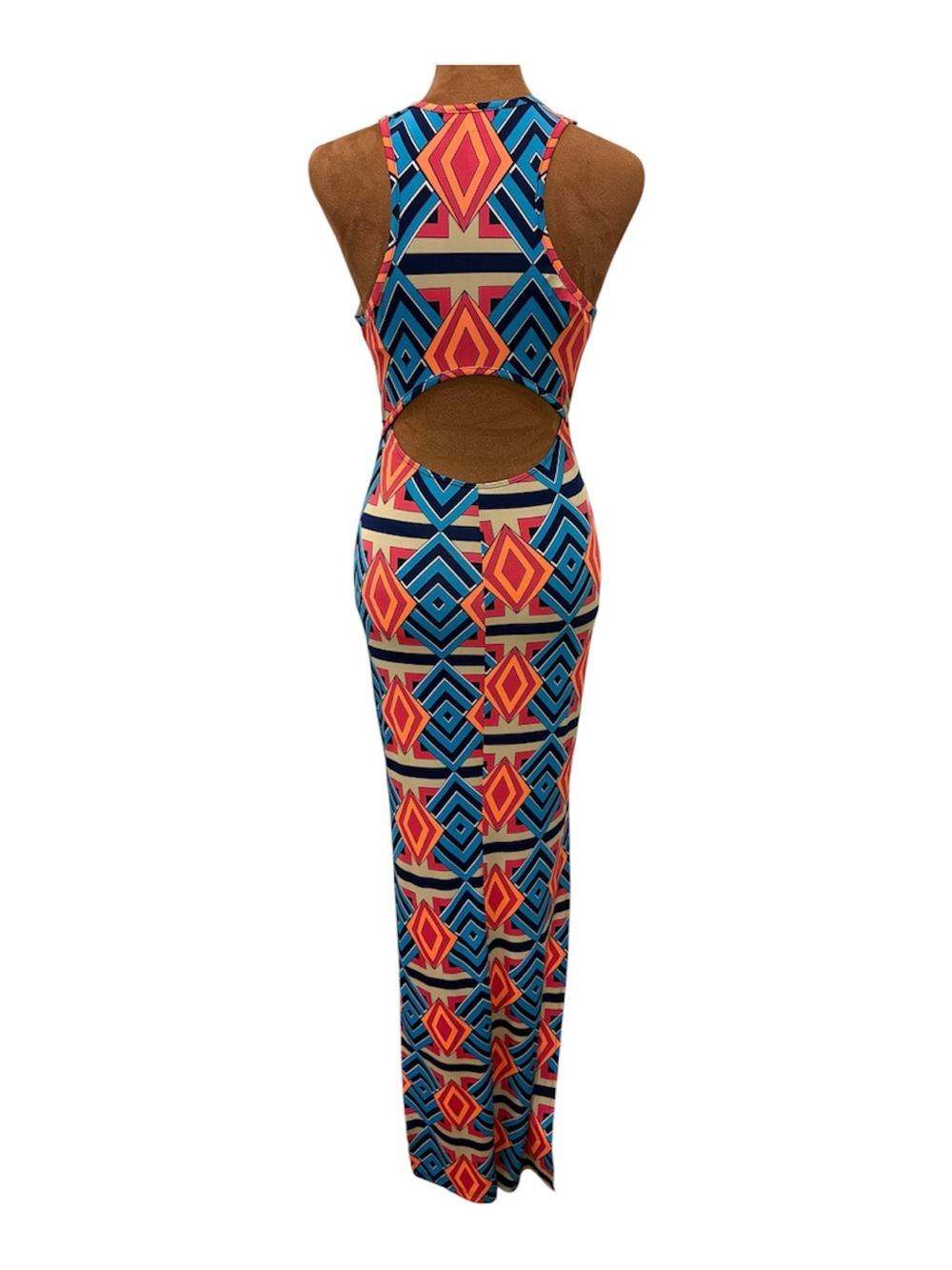 Colorful Geometric Print Bodycon Maxi Dress | Retro Mod Festival | Small - Picture 3 of 7